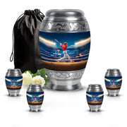 Cornflower Blue Baseball Cremation Urn detail view - royal baseball engraving with decorative scrollwork - memorial set with one large and four small urns