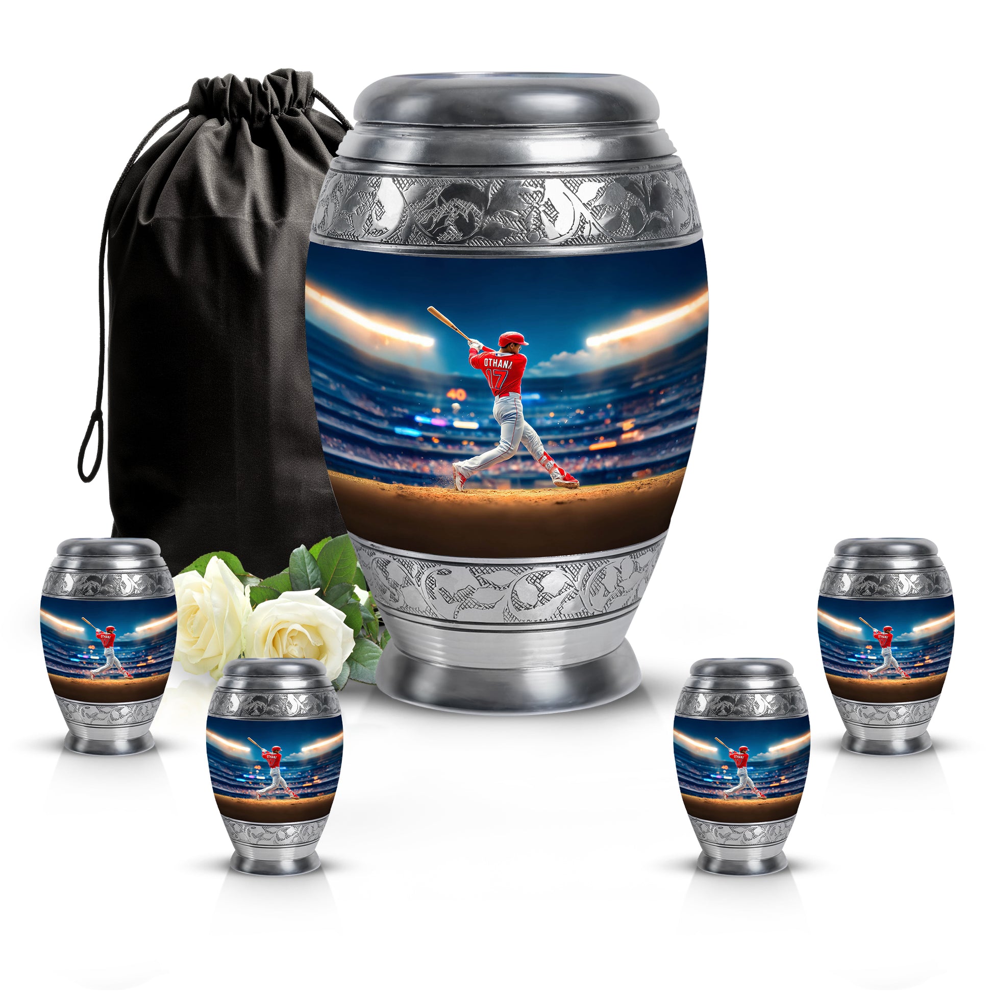 Cornflower Blue Baseball Cremation Urn detail view - royal baseball engraving with decorative scrollwork - memorial set with one large and four small urns