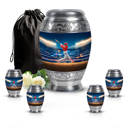 Cornflower Blue Baseball Cremation Urn detail view - royal baseball engraving with decorative scrollwork - memorial set with one large and four small urns