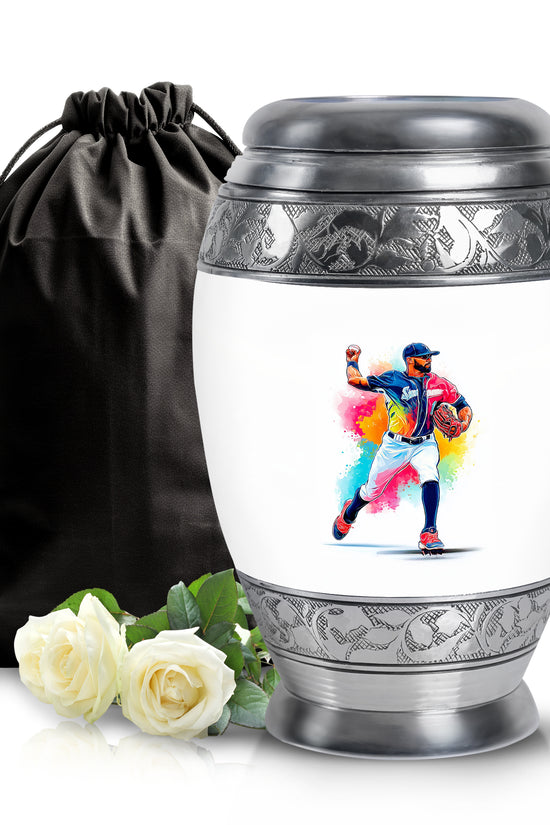 Alabaster White Baseball Cremation Urn back view with polished surface - ornate monarch-style baseball relief on brushed aluminum - full-size 10 inch 200 cubic inch adult cremation urn