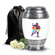 Alabaster White Baseball Cremation Urn back view with polished surface - ornate monarch-style baseball relief on brushed aluminum - full-size 10 inch 200 cubic inch adult cremation urn