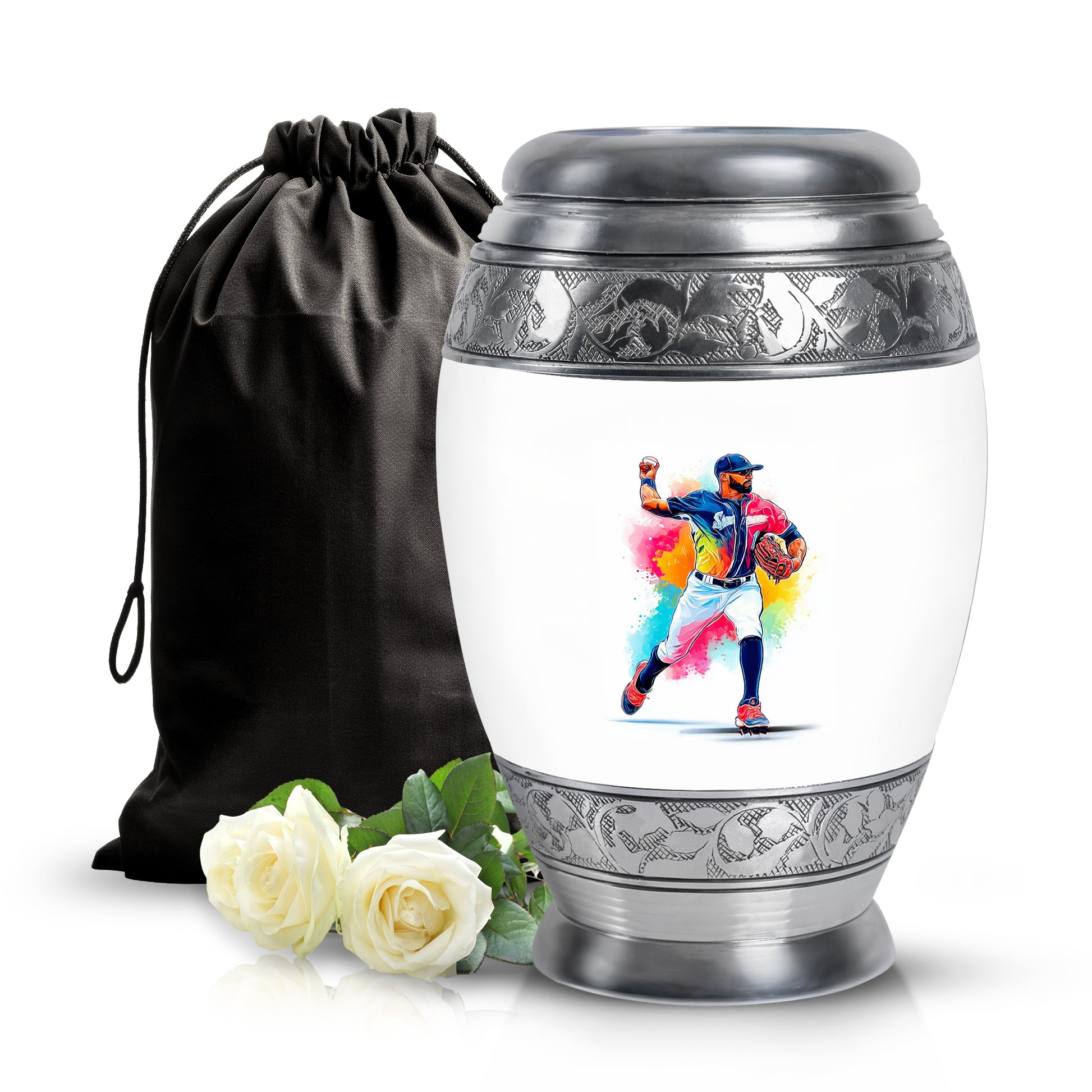 Alabaster White Baseball Cremation Urn back view with polished surface - ornate monarch-style baseball relief on brushed aluminum - full-size 10 inch 200 cubic inch adult cremation urn