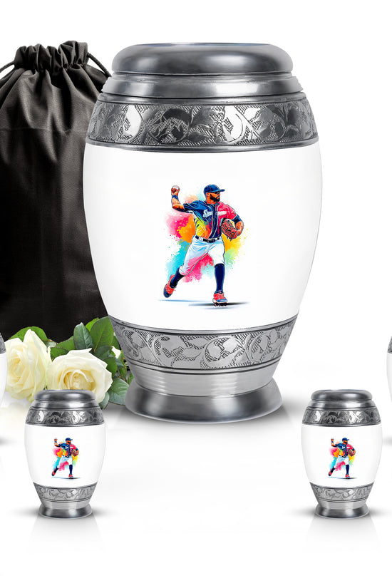 Ivory White Baseball Cremation Urn detail view - regal baseball design with crown-inspired accents - memorial set with one large and four small urns