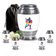 Ivory White Baseball Cremation Urn detail view - regal baseball design with crown-inspired accents - memorial set with one large and four small urns