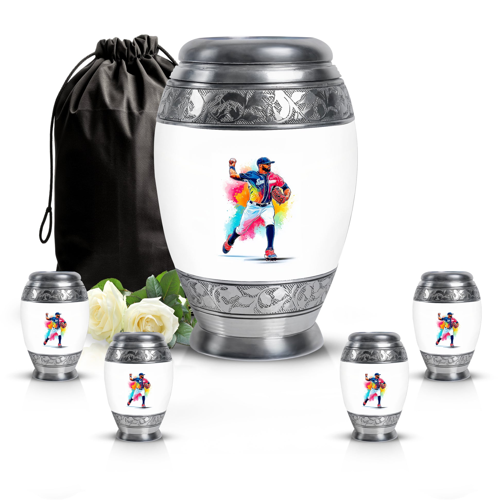 Ivory White Baseball Cremation Urn detail view - regal baseball design with crown-inspired accents - memorial set with one large and four small urns