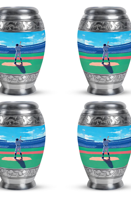 Dusty Blue Baseball Cremation Urn urn with complimentary velvet bag - regal baseball design with crown-inspired accents - 10 inch aluminum urn for cremated remains