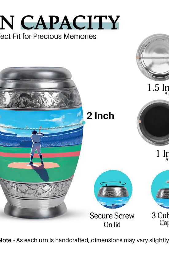 Cornflower Blue Baseball Cremation Urn lifestyle display on memorial shelf - royal baseball engraving with decorative scrollwork - mini keepsake memorial for portion of cremation ashes