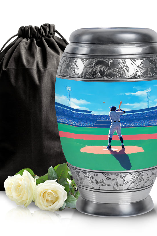 Pastel Blue Baseball Cremation Urn back view with polished surface - regal baseball design with crown-inspired accents - full-size 10 inch 200 cubic inch adult cremation urn