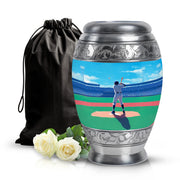 Pastel Blue Baseball Cremation Urn back view with polished surface - regal baseball design with crown-inspired accents - full-size 10 inch 200 cubic inch adult cremation urn