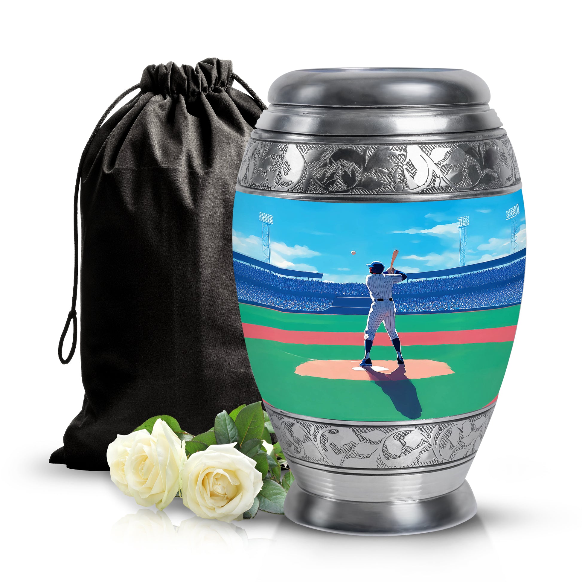 Pastel Blue Baseball Cremation Urn back view with polished surface - regal baseball design with crown-inspired accents - full-size 10 inch 200 cubic inch adult cremation urn