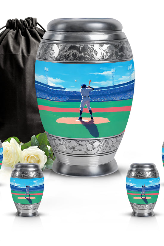 Sky Blue Baseball Cremation Urn detail view - regal baseball design with crown-inspired accents - memorial set with one large and four small urns