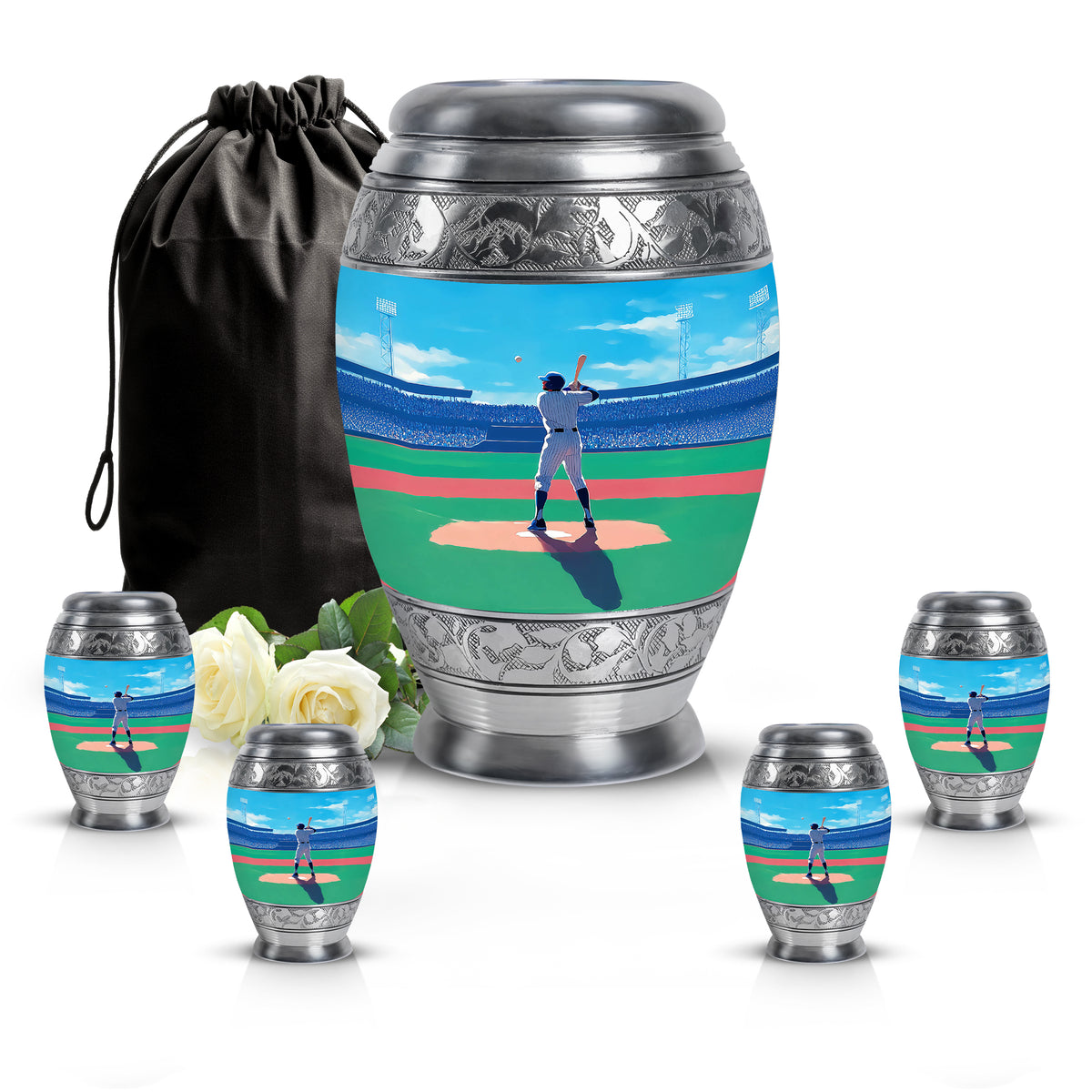 Sky Blue Baseball Cremation Urn detail view - regal baseball design with crown-inspired accents - memorial set with one large and four small urns