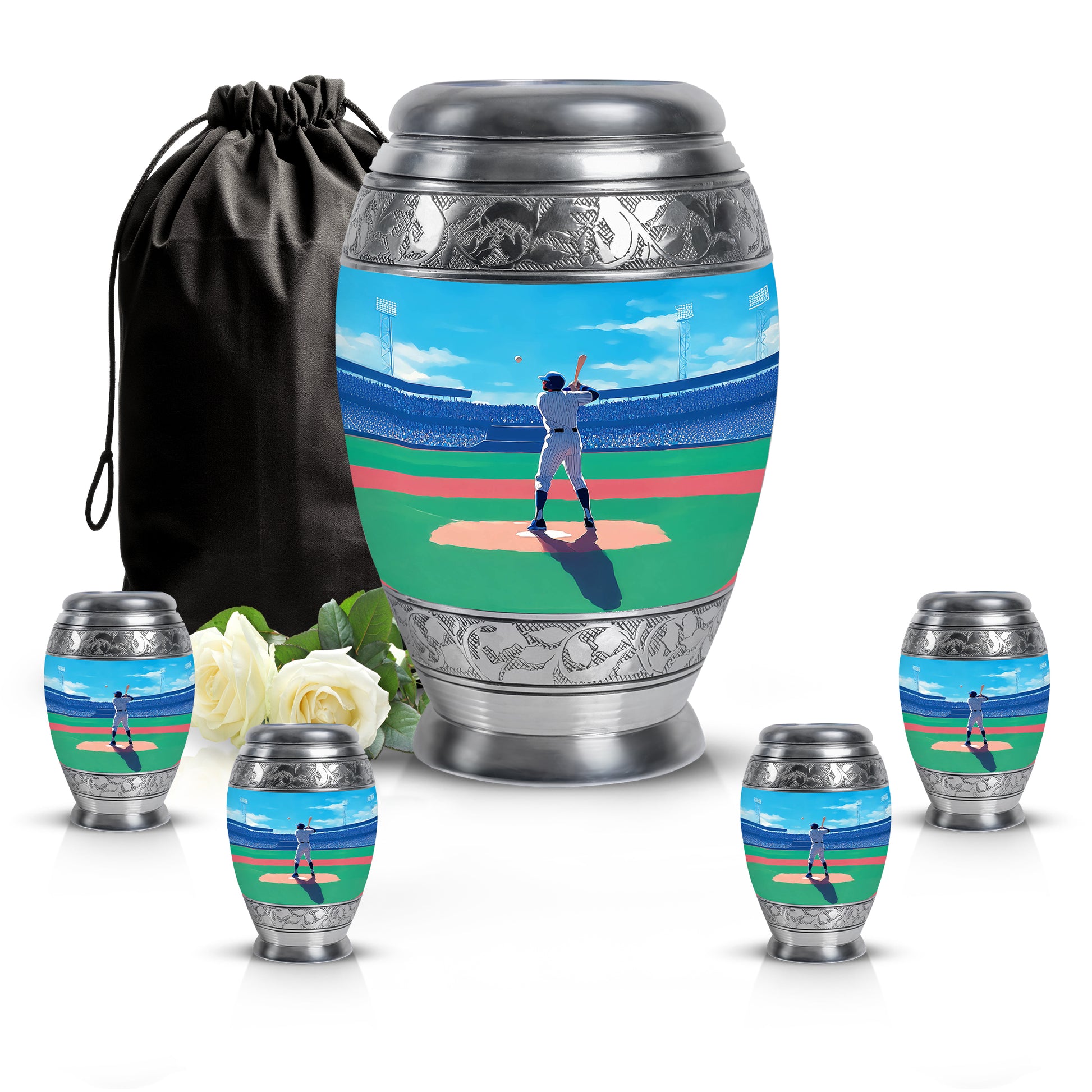Sky Blue Baseball Cremation Urn detail view - regal baseball design with crown-inspired accents - memorial set with one large and four small urns