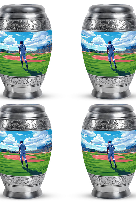 Azure Baseball Cremation Urn urn with complimentary velvet bag - regal baseball design with crown-inspired accents - 10 inch aluminum urn for cremated remains