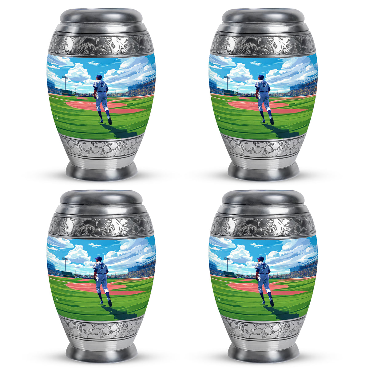 Azure Baseball Cremation Urn urn with complimentary velvet bag - regal baseball design with crown-inspired accents - 10 inch aluminum urn for cremated remains