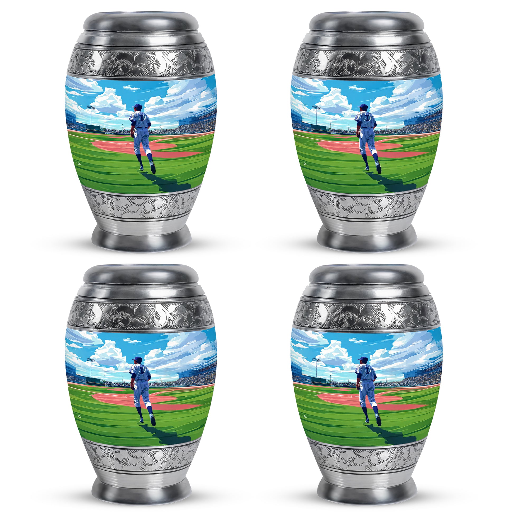 Azure Baseball Cremation Urn urn with complimentary velvet bag - regal baseball design with crown-inspired accents - 10 inch aluminum urn for cremated remains