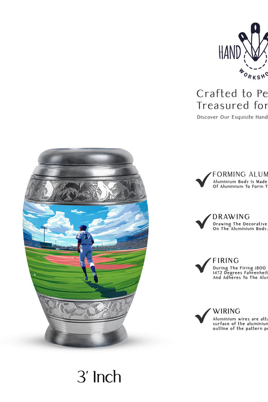 Vivid Blue Baseball Cremation Urn lifestyle display on memorial shelf - majestic baseball pattern with filigree border - mini keepsake memorial for portion of cremation ashes