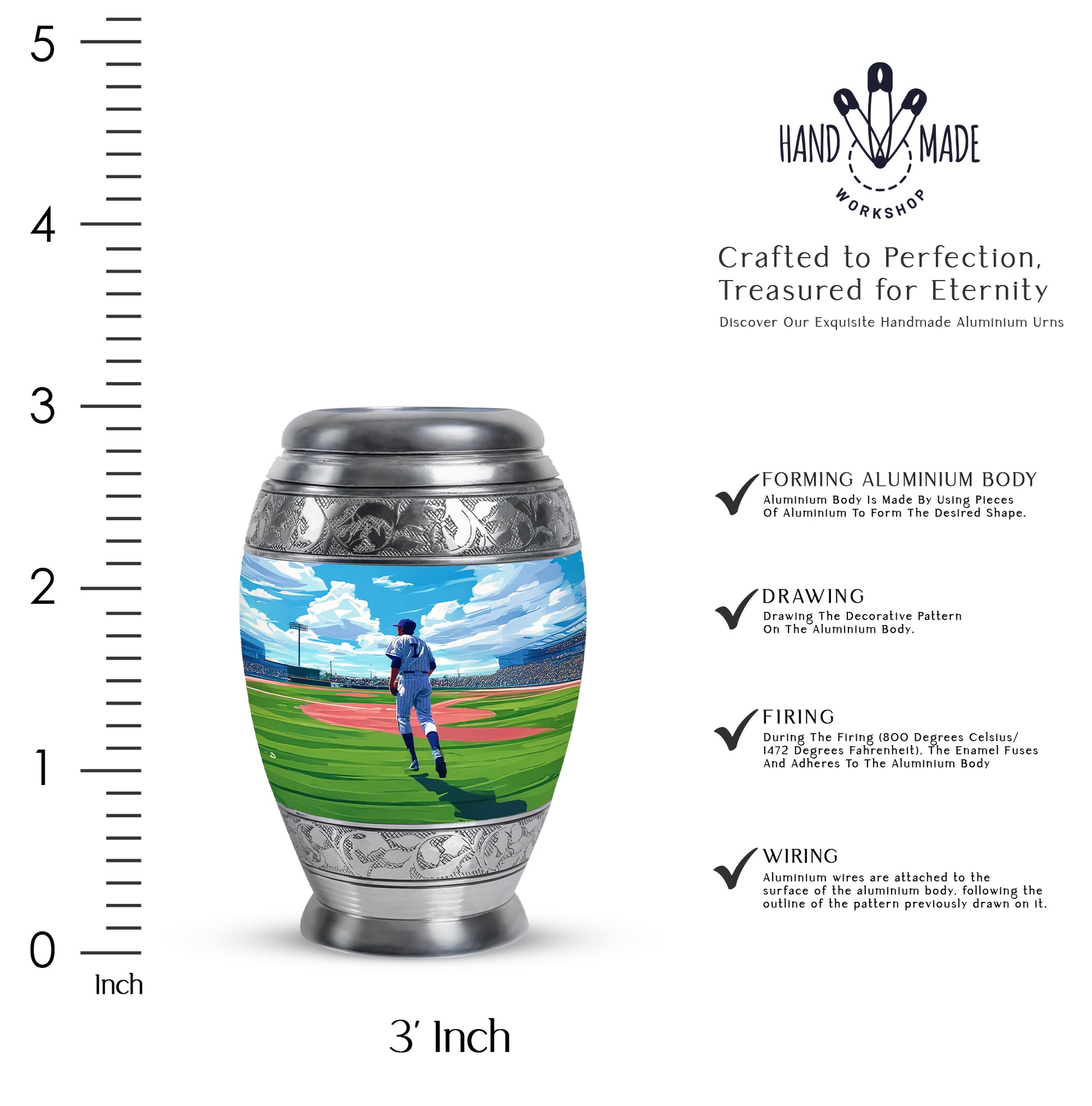 Vivid Blue Baseball Cremation Urn lifestyle display on memorial shelf - majestic baseball pattern with filigree border - mini keepsake memorial for portion of cremation ashes