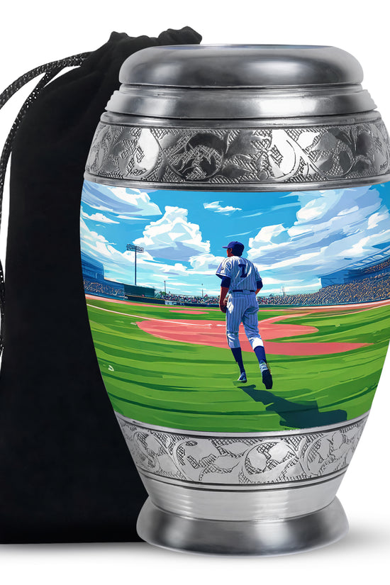 Sapphire Blue Baseball Cremation Urn back view with polished surface - majestic baseball pattern with filigree border - full-size 10 inch 200 cubic inch adult cremation urn