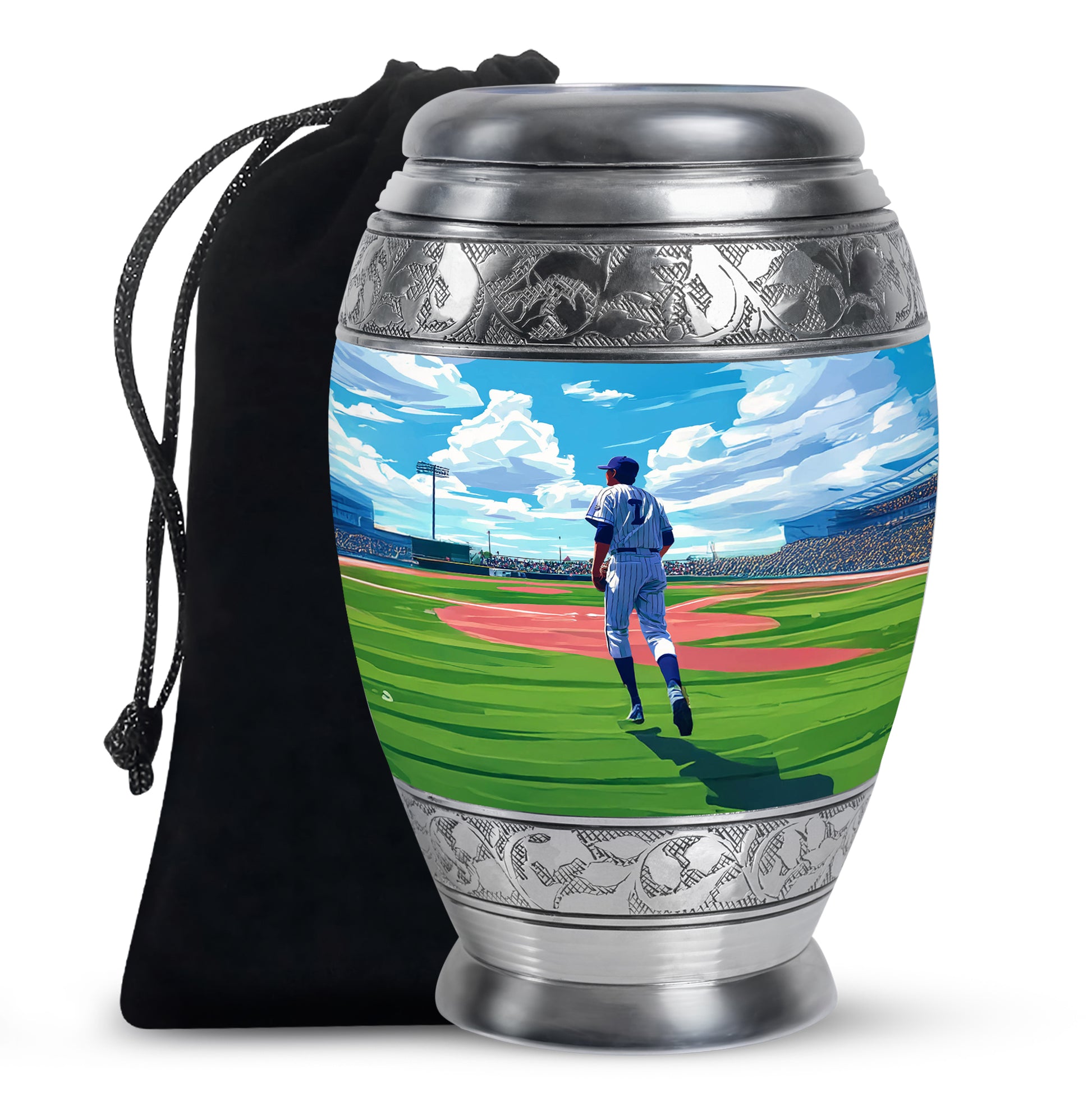 Sapphire Blue Baseball Cremation Urn back view with polished surface - majestic baseball pattern with filigree border - full-size 10 inch 200 cubic inch adult cremation urn