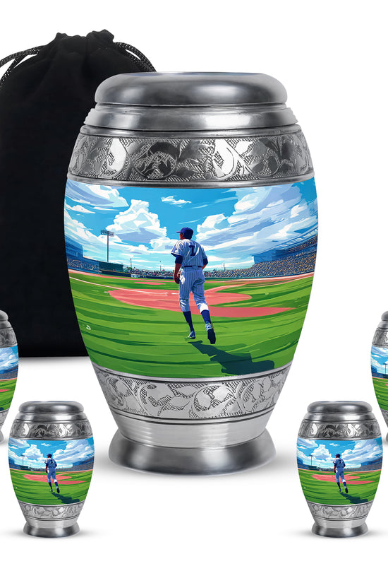 Pastel Blue Baseball Cremation Urn detail view - ornate monarch-style baseball relief on brushed aluminum - memorial set with one large and four small urns