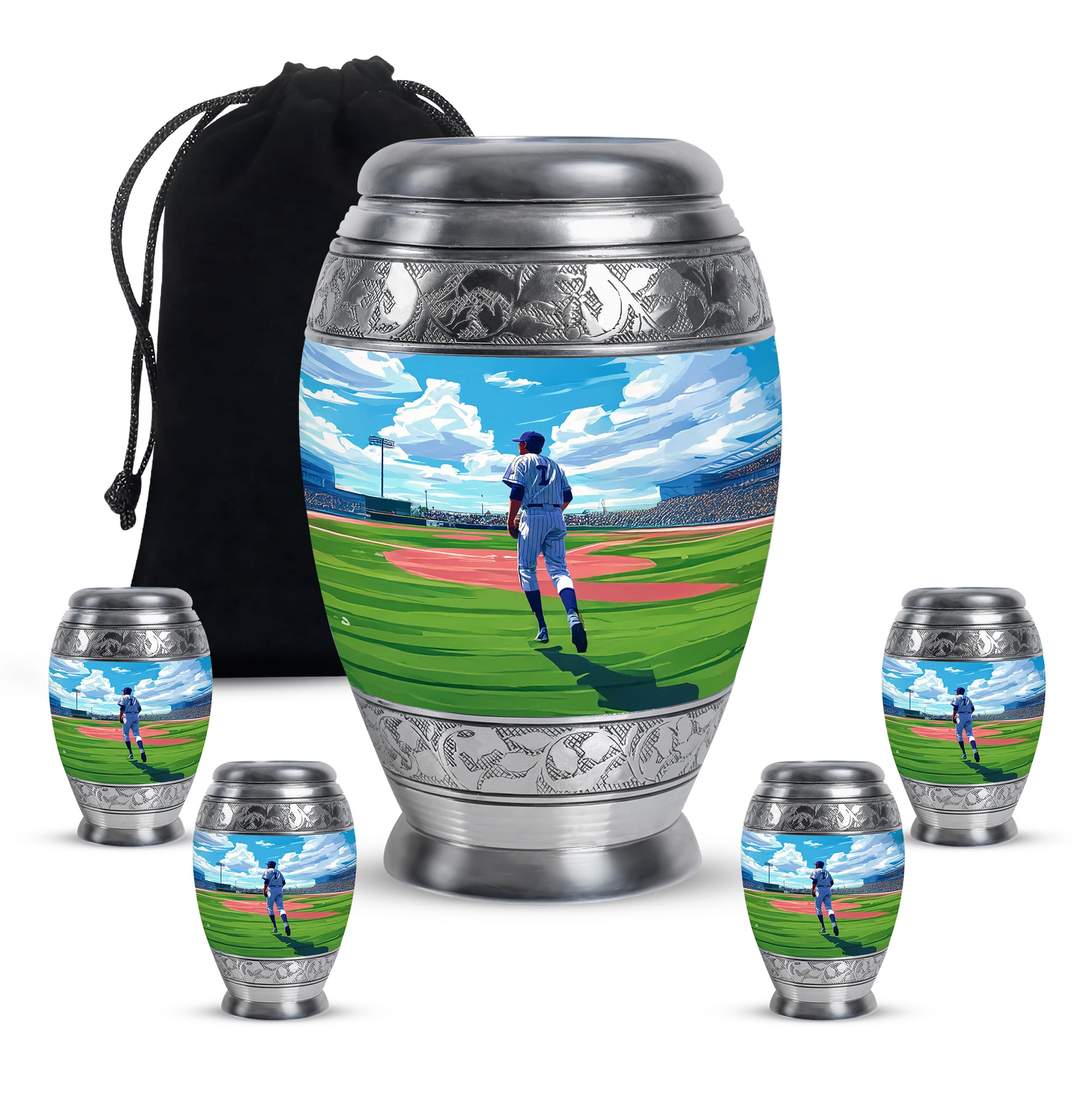 Pastel Blue Baseball Cremation Urn detail view - ornate monarch-style baseball relief on brushed aluminum - memorial set with one large and four small urns