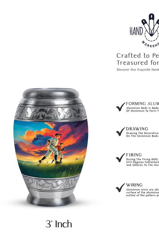Azure Baseball Cremation Urn lifestyle display on memorial shelf - ornate monarch-style baseball relief on brushed aluminum - mini keepsake memorial for portion of cremation ashes