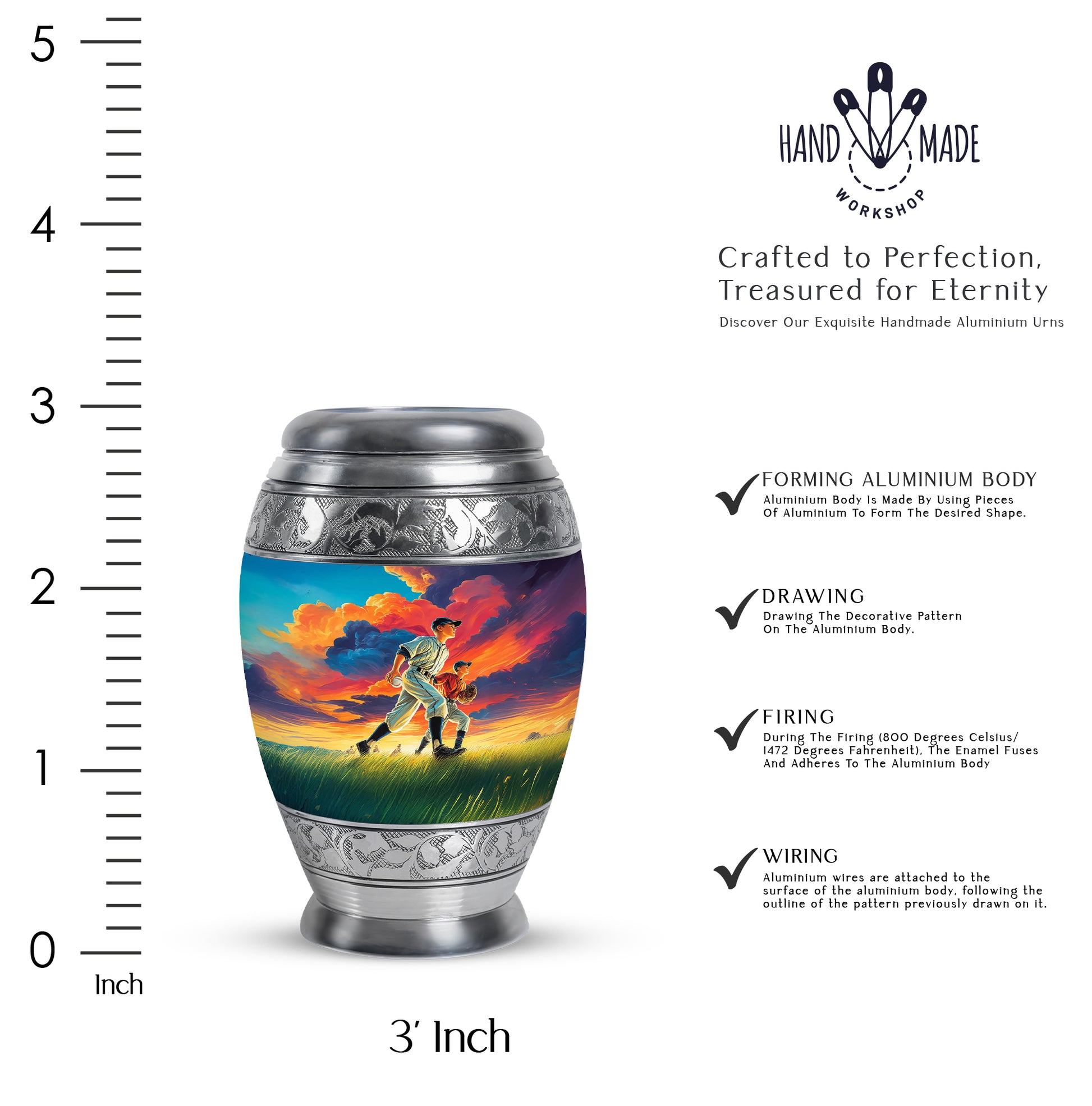 Azure Baseball Cremation Urn lifestyle display on memorial shelf - ornate monarch-style baseball relief on brushed aluminum - mini keepsake memorial for portion of cremation ashes