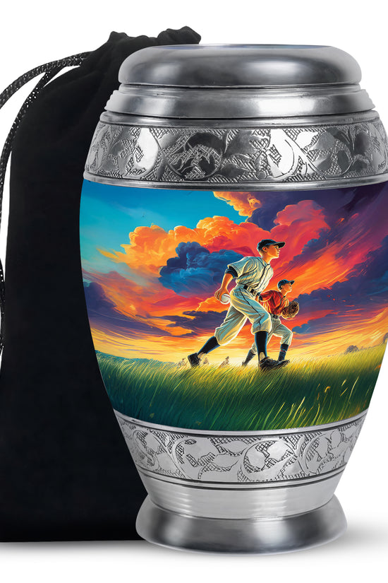 Serene Blue Baseball Cremation Urn back view with polished surface - majestic baseball pattern with filigree border - full-size 10 inch 200 cubic inch adult cremation urn
