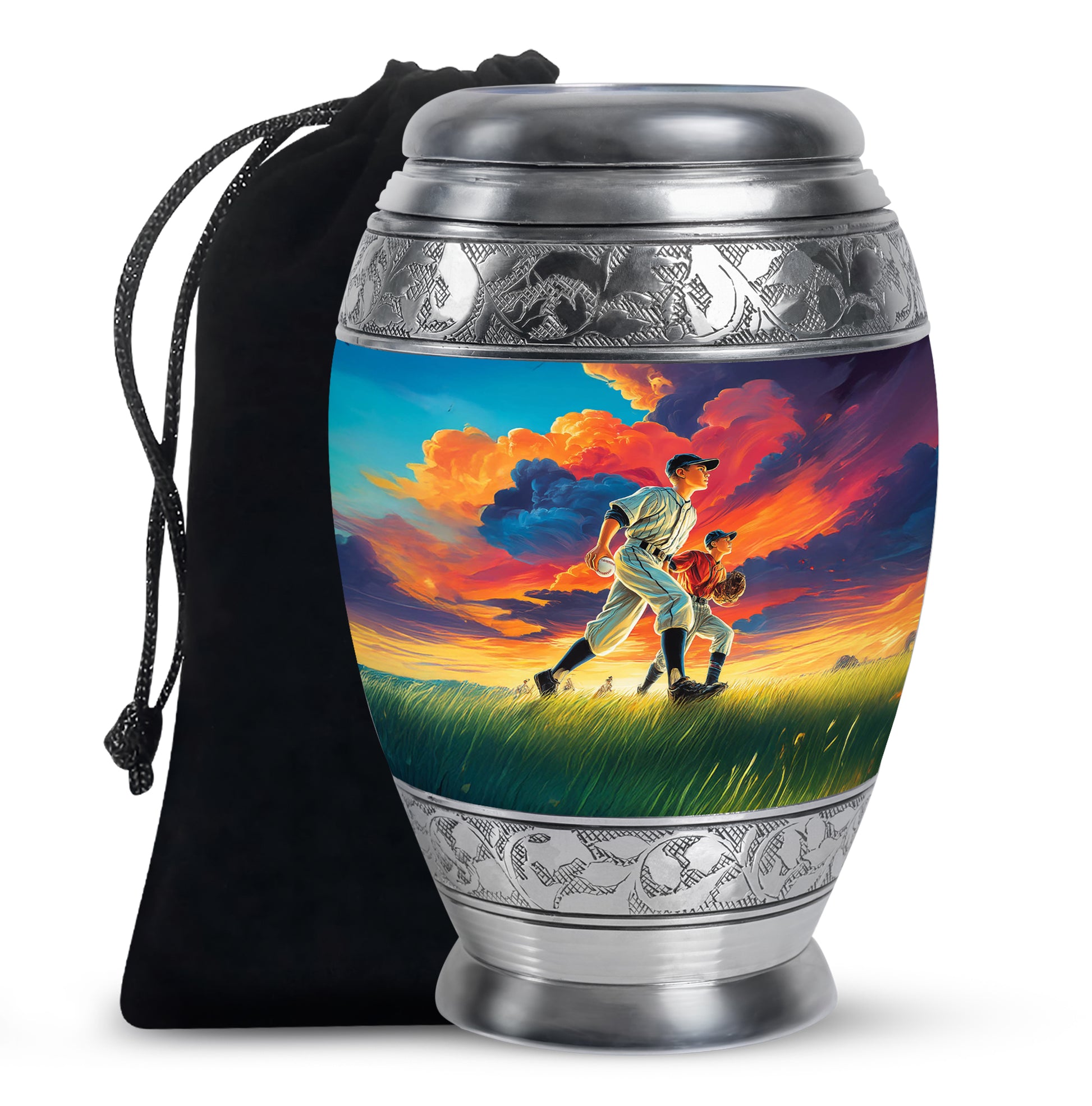 Serene Blue Baseball Cremation Urn back view with polished surface - majestic baseball pattern with filigree border - full-size 10 inch 200 cubic inch adult cremation urn