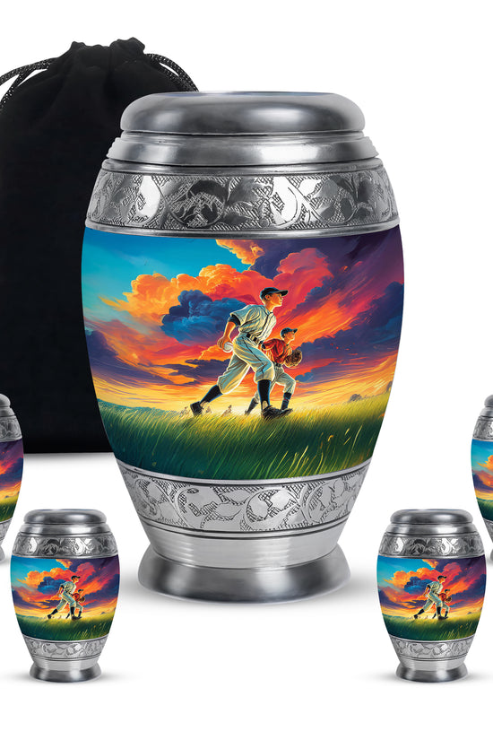 Sapphire Blue Baseball Cremation Urn detail view - royal baseball engraving with decorative scrollwork - memorial set with one large and four small urns