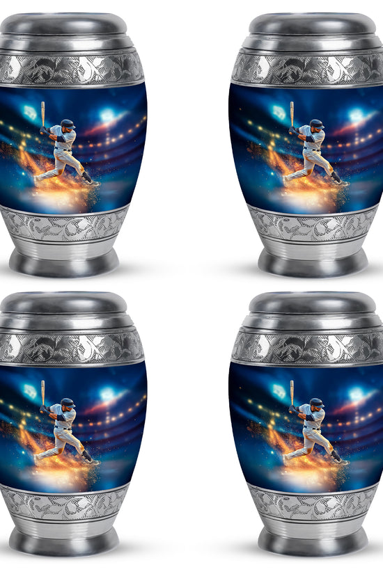 Misty Blue Baseball Cremation Urn urn with complimentary velvet bag - regal baseball design with crown-inspired accents - 10 inch aluminum urn for cremated remains