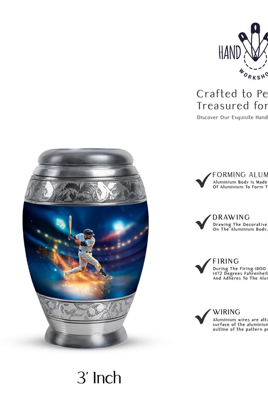 Calming Blue Baseball Cremation Urn lifestyle display on memorial shelf - majestic baseball pattern with filigree border - mini keepsake memorial for portion of cremation ashes