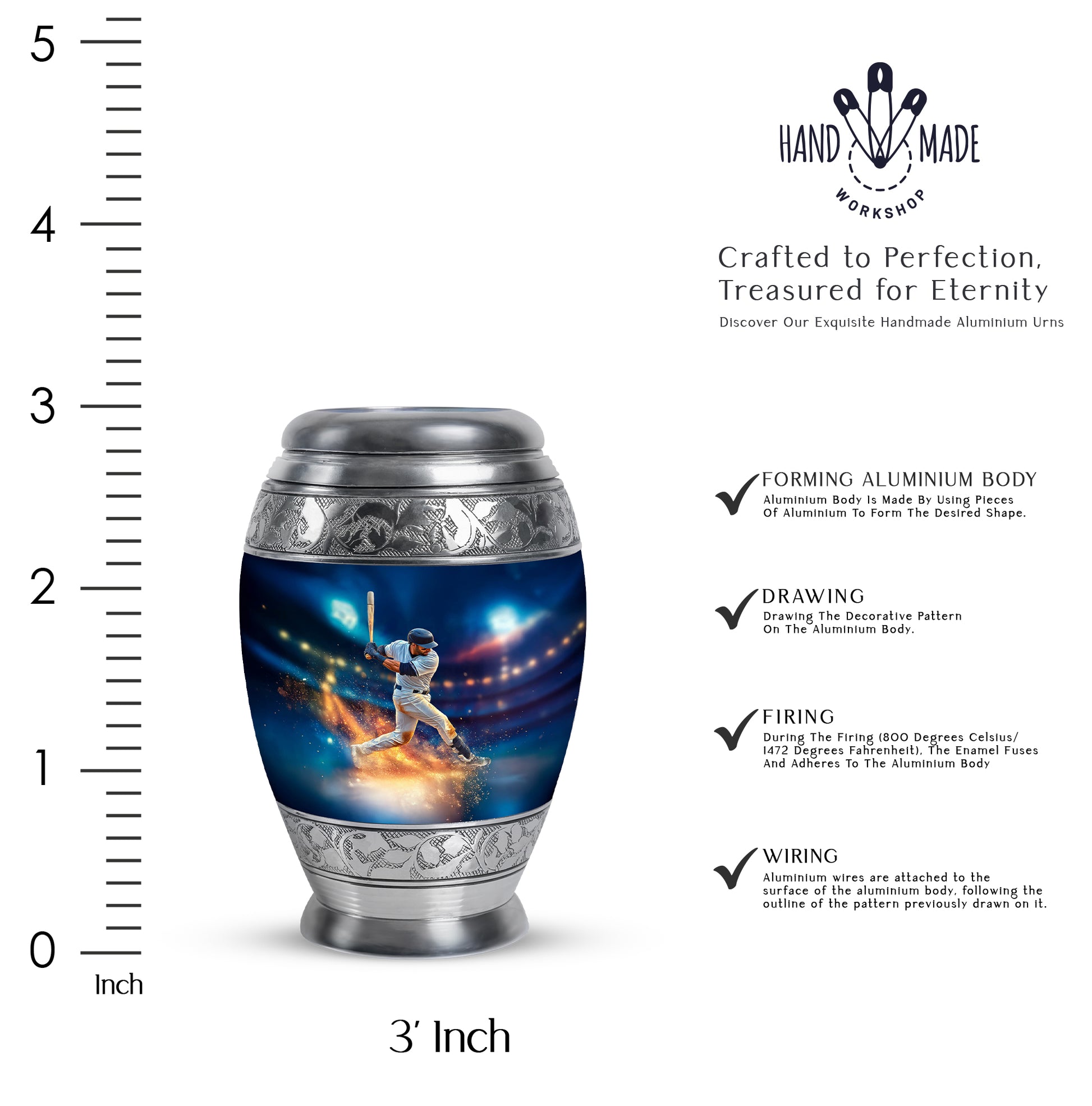 Calming Blue Baseball Cremation Urn lifestyle display on memorial shelf - majestic baseball pattern with filigree border - mini keepsake memorial for portion of cremation ashes