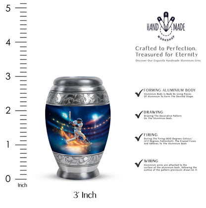 Calming Blue Baseball Cremation Urn lifestyle display on memorial shelf - majestic baseball pattern with filigree border - mini keepsake memorial for portion of cremation ashes