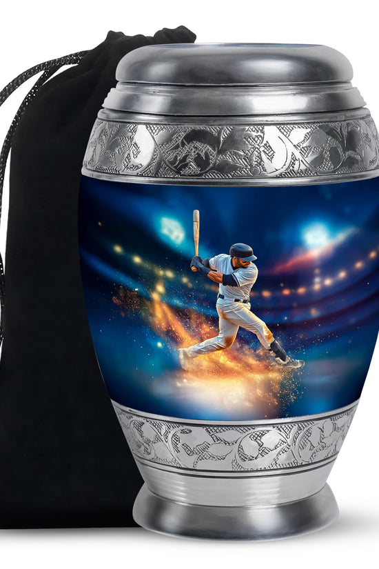 Azure Baseball Cremation Urn back view with polished surface - regal baseball design with crown-inspired accents - full-size 10 inch 200 cubic inch adult cremation urn