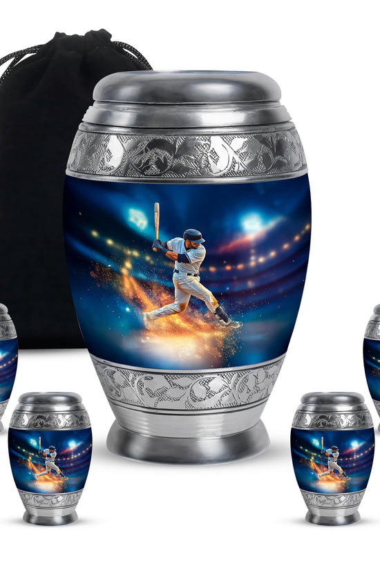 Steel Blue Baseball Cremation Urn detail view - majestic baseball pattern with filigree border - memorial set with one large and four small urns