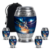 Steel Blue Baseball Cremation Urn detail view - majestic baseball pattern with filigree border - memorial set with one large and four small urns