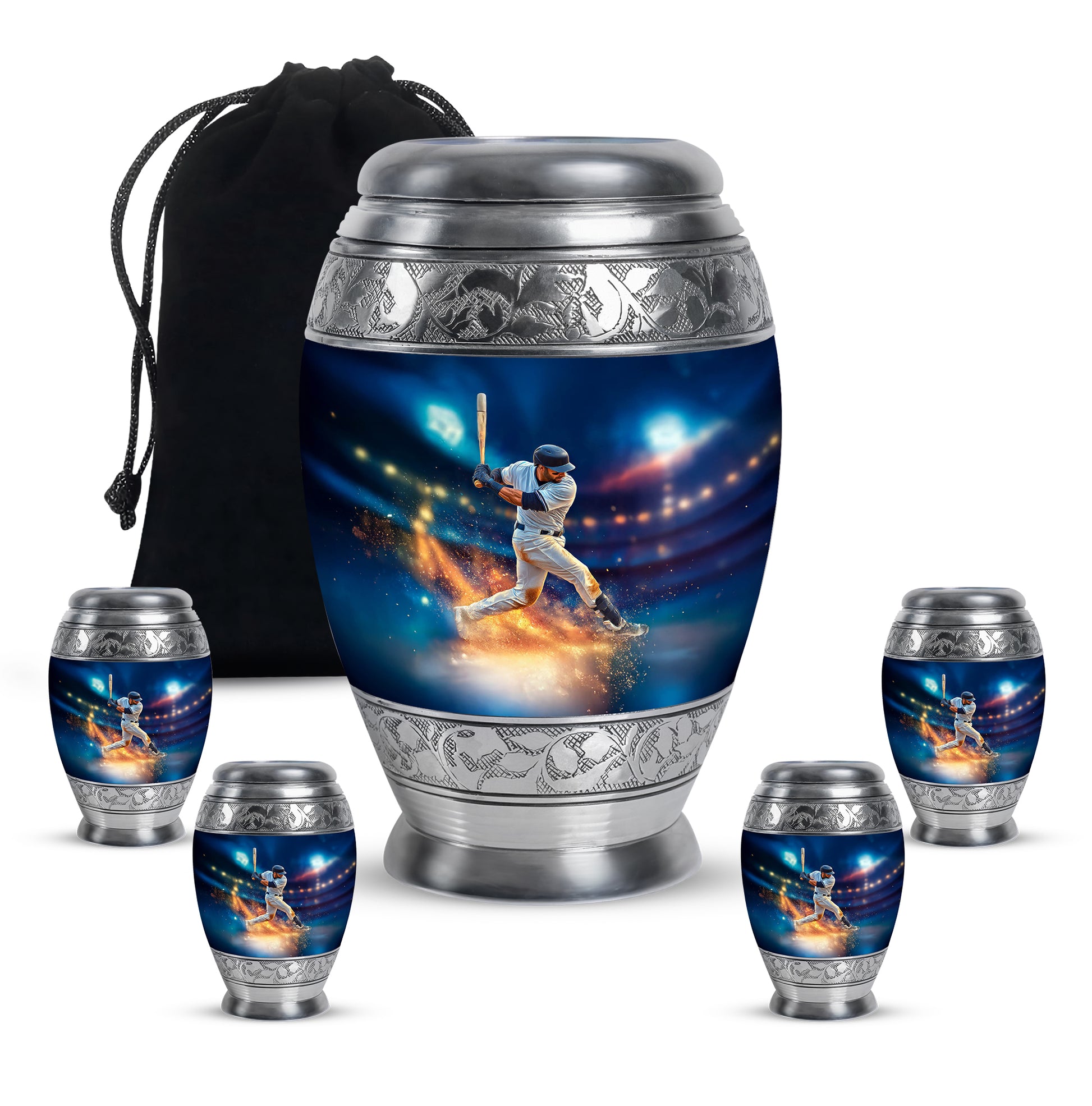 Steel Blue Baseball Cremation Urn detail view - majestic baseball pattern with filigree border - memorial set with one large and four small urns