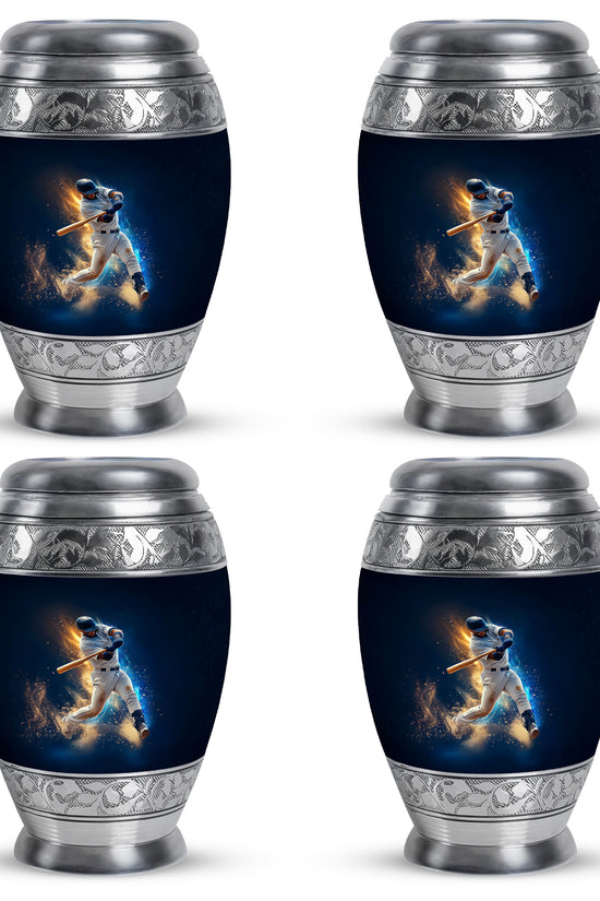 Calming Blue Baseball Cremation Urn urn with complimentary velvet bag - royal baseball engraving with decorative scrollwork - 10 inch aluminum urn for cremated remains