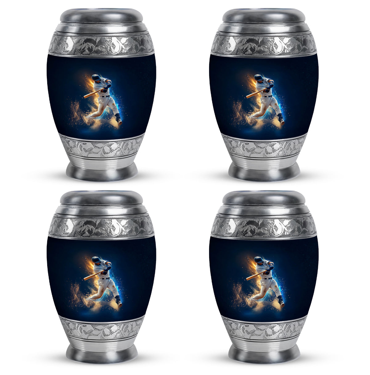 Calming Blue Baseball Cremation Urn urn with complimentary velvet bag - royal baseball engraving with decorative scrollwork - 10 inch aluminum urn for cremated remains