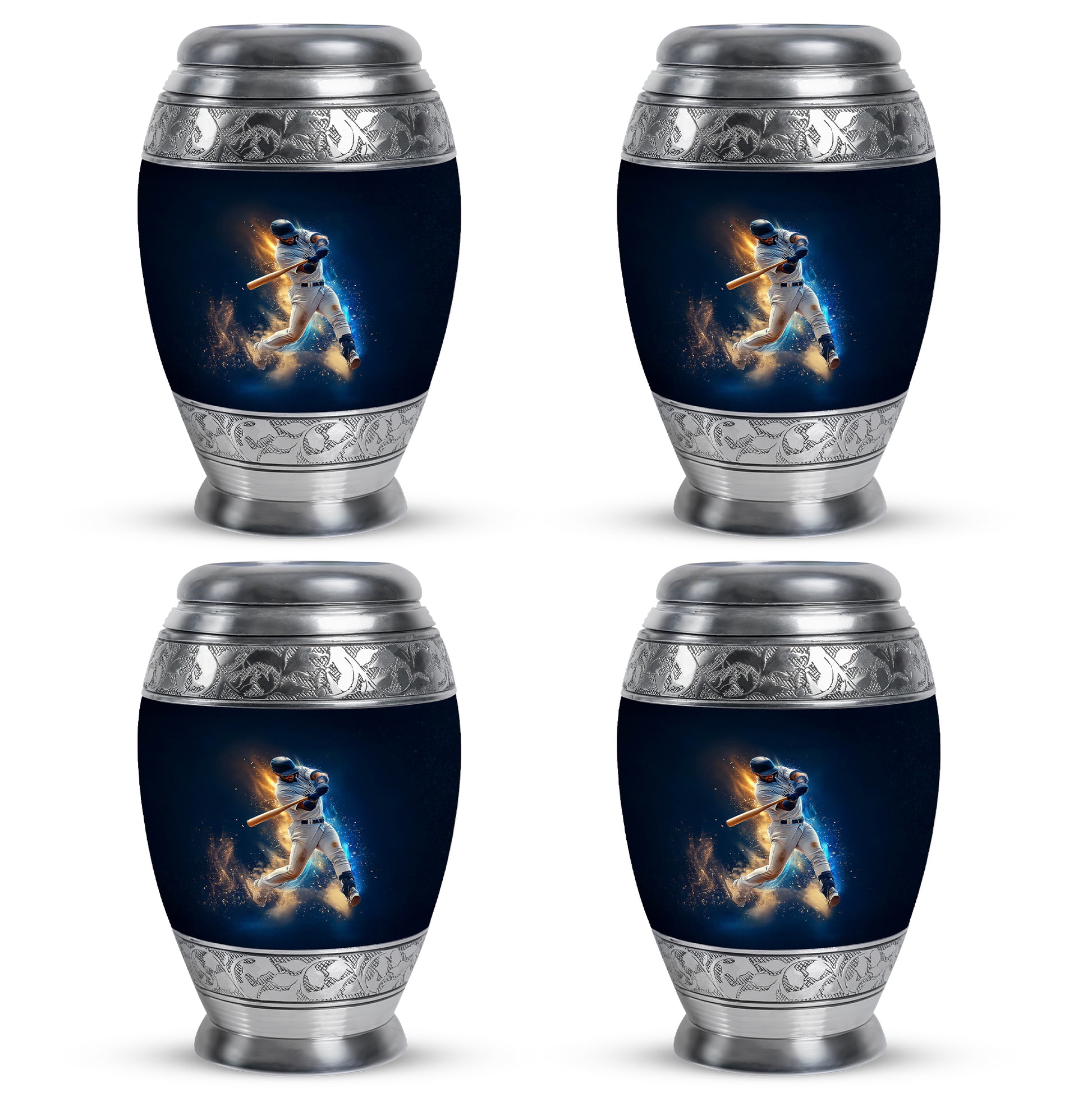 Calming Blue Baseball Cremation Urn urn with complimentary velvet bag - royal baseball engraving with decorative scrollwork - 10 inch aluminum urn for cremated remains