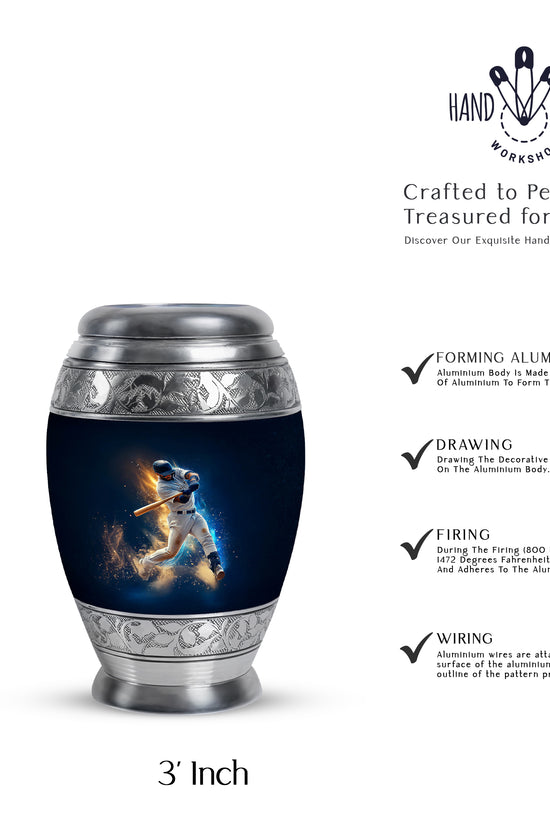Cornflower Blue Baseball Cremation Urn lifestyle display on memorial shelf - majestic baseball pattern with filigree border - mini keepsake memorial for portion of cremation ashes