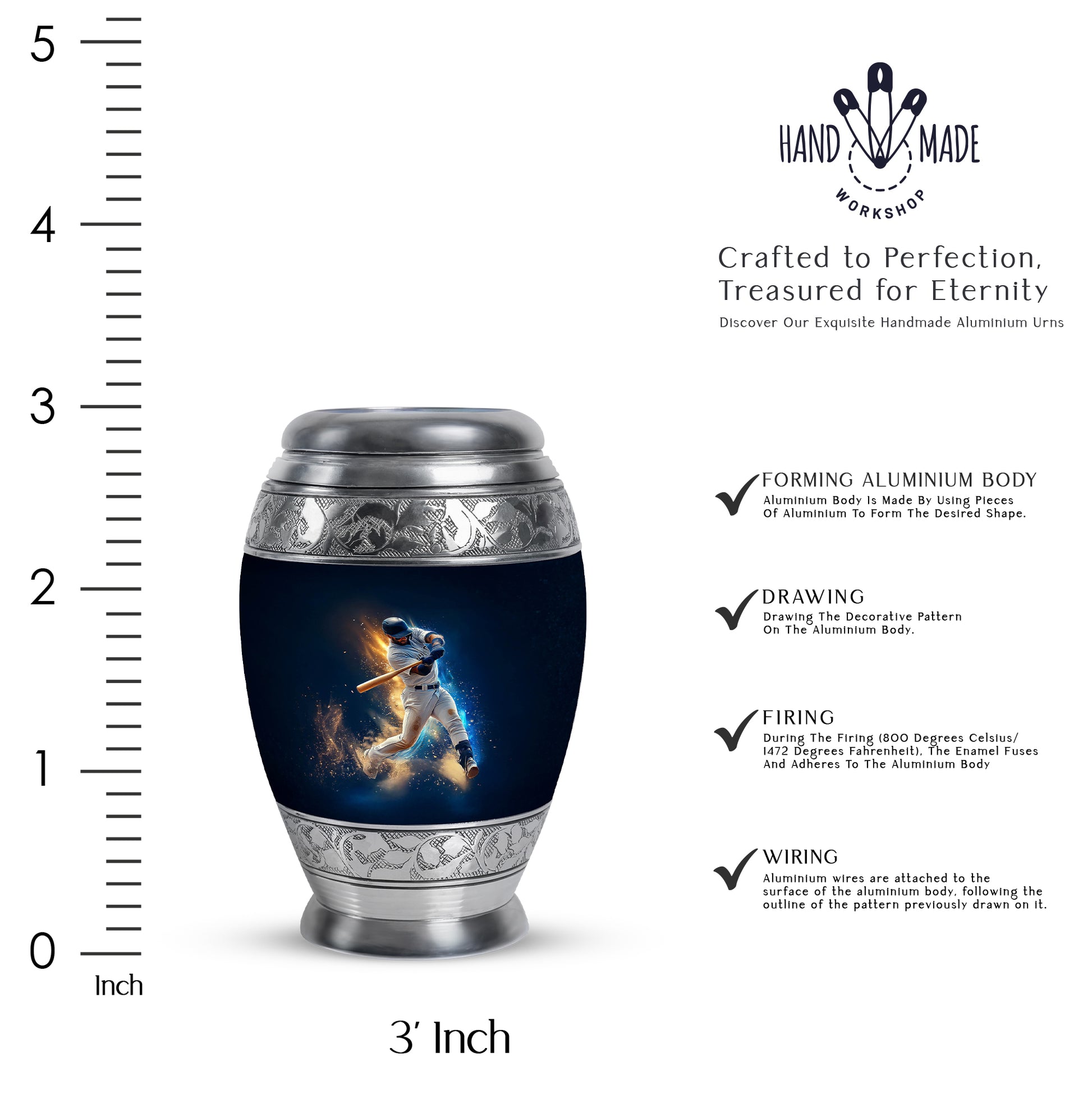 Cornflower Blue Baseball Cremation Urn lifestyle display on memorial shelf - majestic baseball pattern with filigree border - mini keepsake memorial for portion of cremation ashes