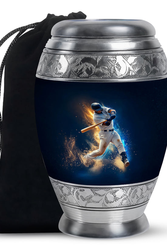 Cobalt Blue Baseball Cremation Urn back view with polished surface - royal baseball engraving with decorative scrollwork - full-size 10 inch 200 cubic inch adult cremation urn