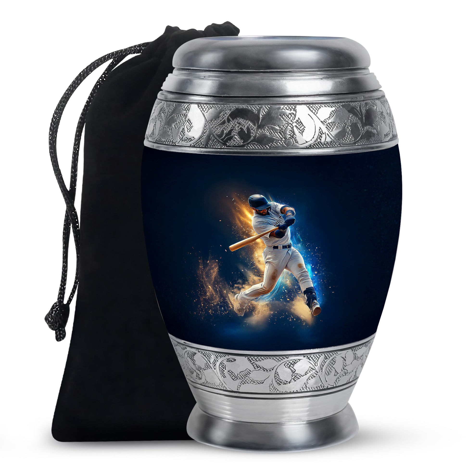 Cobalt Blue Baseball Cremation Urn back view with polished surface - royal baseball engraving with decorative scrollwork - full-size 10 inch 200 cubic inch adult cremation urn
