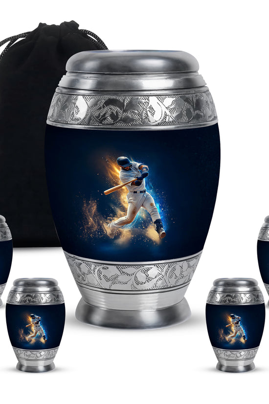 Misty Blue Baseball Cremation Urn detail view - ornate monarch-style baseball relief on brushed aluminum - memorial set with one large and four small urns