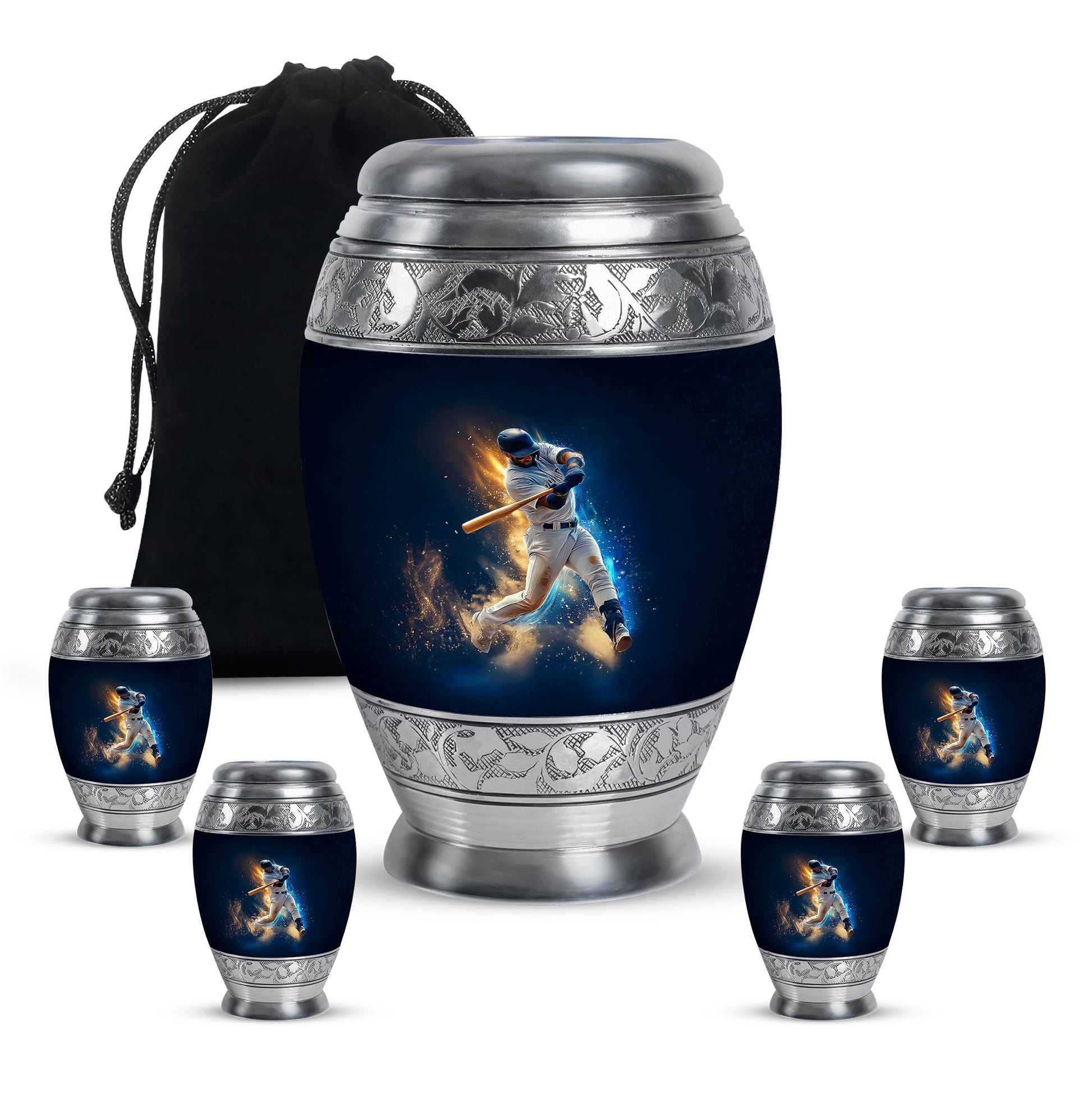 Misty Blue Baseball Cremation Urn detail view - ornate monarch-style baseball relief on brushed aluminum - memorial set with one large and four small urns