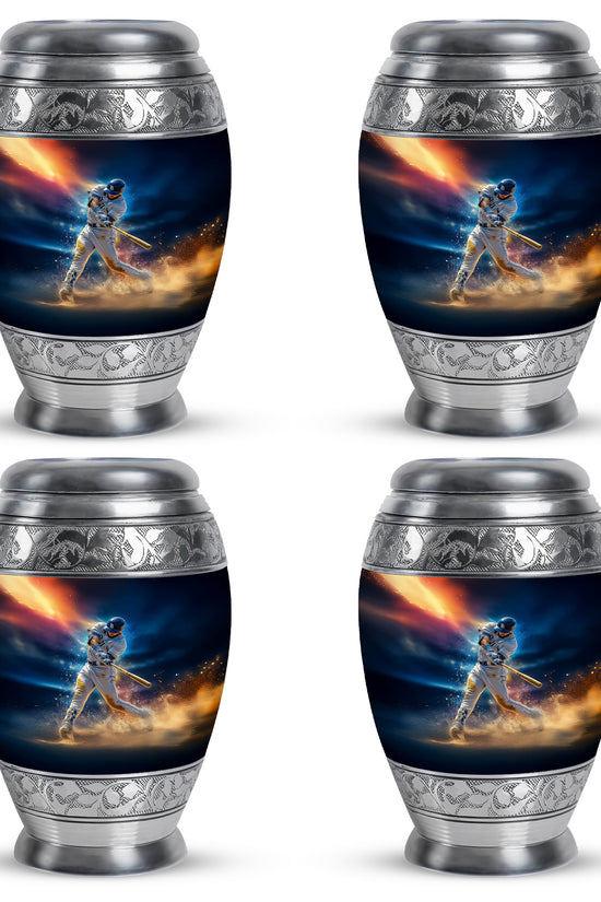 Azure Baseball Cremation Urn urn with complimentary velvet bag - ornate monarch-style baseball relief on brushed aluminum - 10 inch aluminum urn for cremated remains