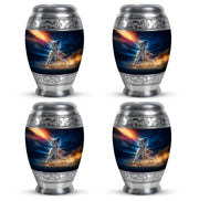 Azure Baseball Cremation Urn urn with complimentary velvet bag - ornate monarch-style baseball relief on brushed aluminum - 10 inch aluminum urn for cremated remains